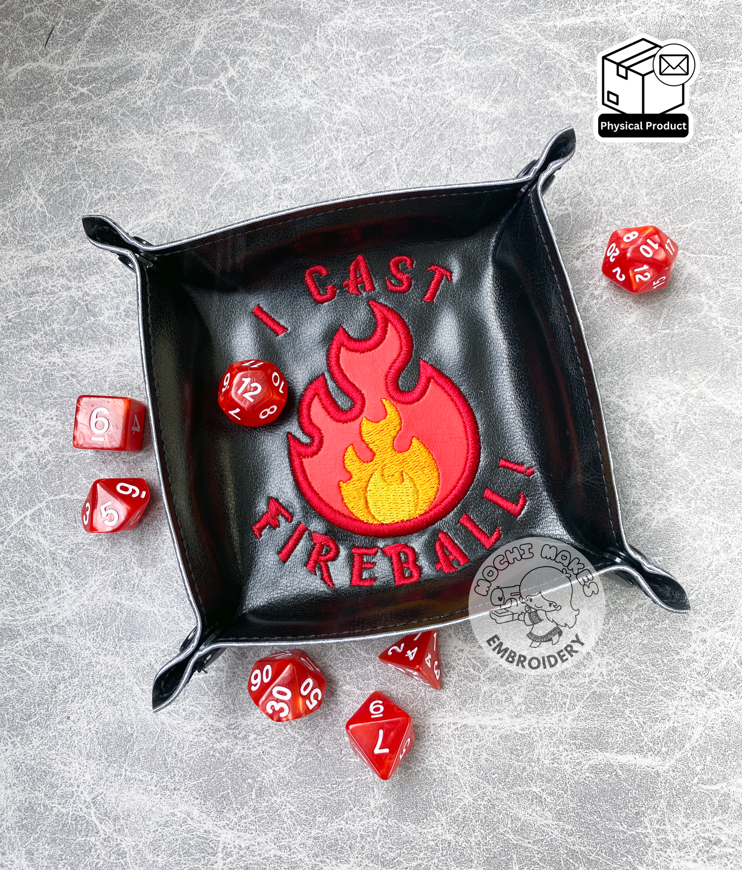 Fireball Magic DND Dungeons Dragons Embroidered Folding Dice Tray RPG Board Game Applique Fantasy Medieval Fire Pyro Spell Wizard Witch