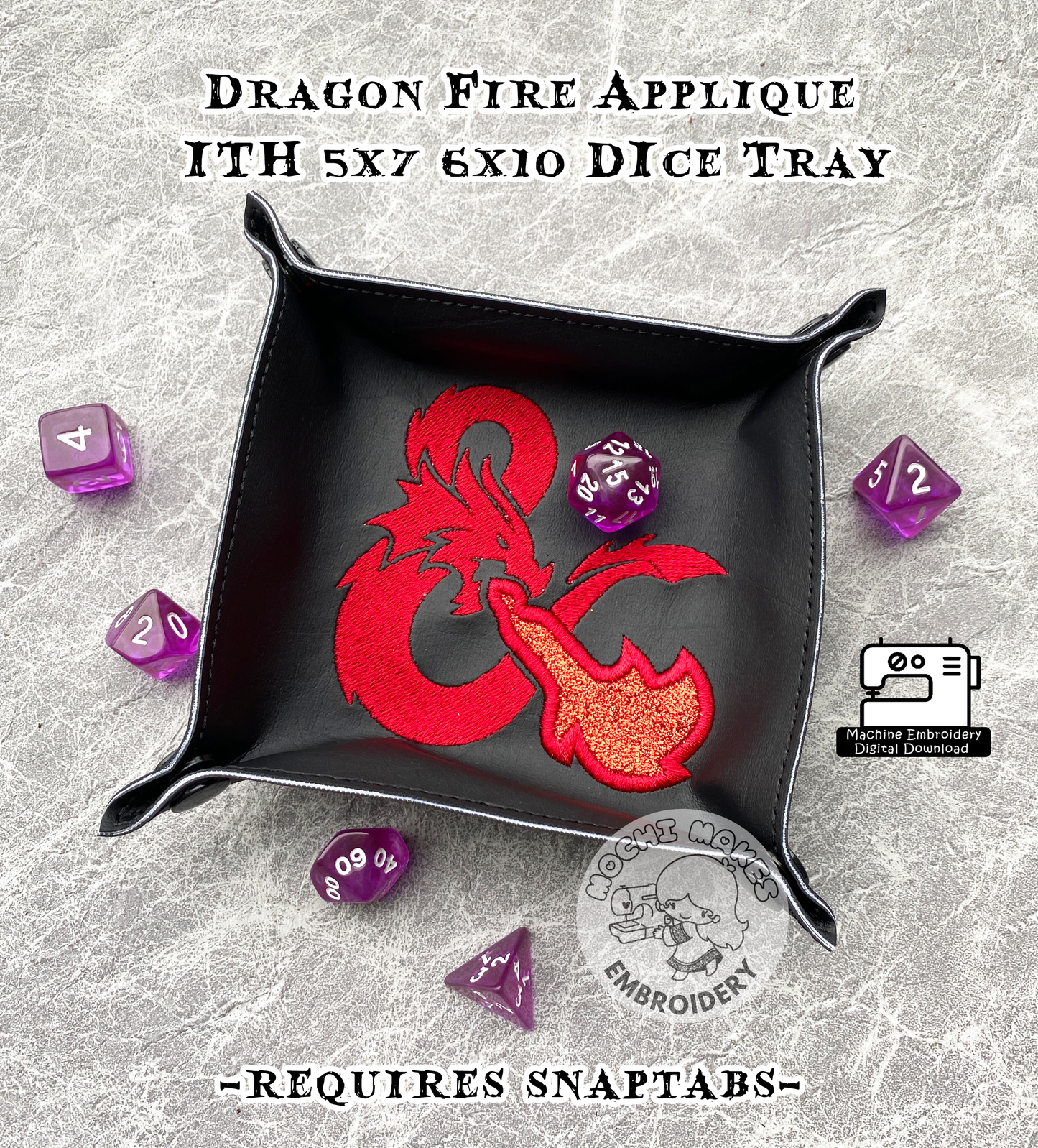 Dragon Applique Dungeons ITH In the Hoop 5x7 6x10 Dice Tray Machine Embroidery Pattern Digital Download Sew Cosplay DIY RPG TTRPG Board Game Kid Craft Fantasy