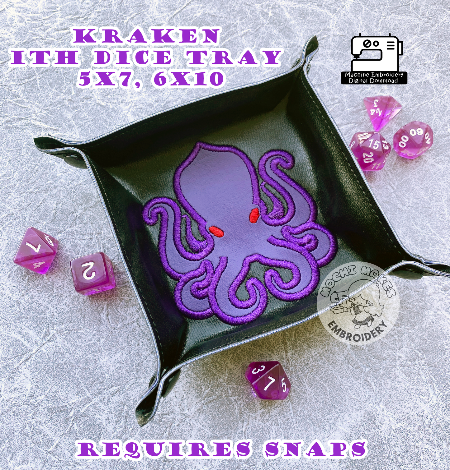 Kraken ITH In the Hoop Dice Tray 5x7 6x10 Machine Embroidery Digital Download Pattern Dungeons Dragons DnD D20 Critical Role Applique Craft TTRPG RPG