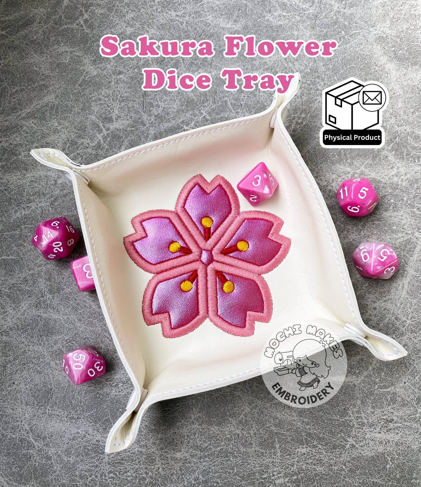 Sakura Flower Applique Embroidered Dice Tray DND Dungeons Dragons Critical Role Play RPG Board Game Geek Nerd Fantasy Magic Wizard D20